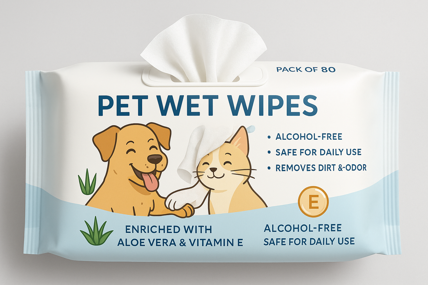 Convenient pet wet wipes enriched with aloe vera and vitamin E to clean paws, coat, and sensitive areas. Gentle and safe for everyday use.
Pack of 80 wipes
Infused with aloe vera & vitamin E
Removes dirt & odor
Alcohol-free & safe