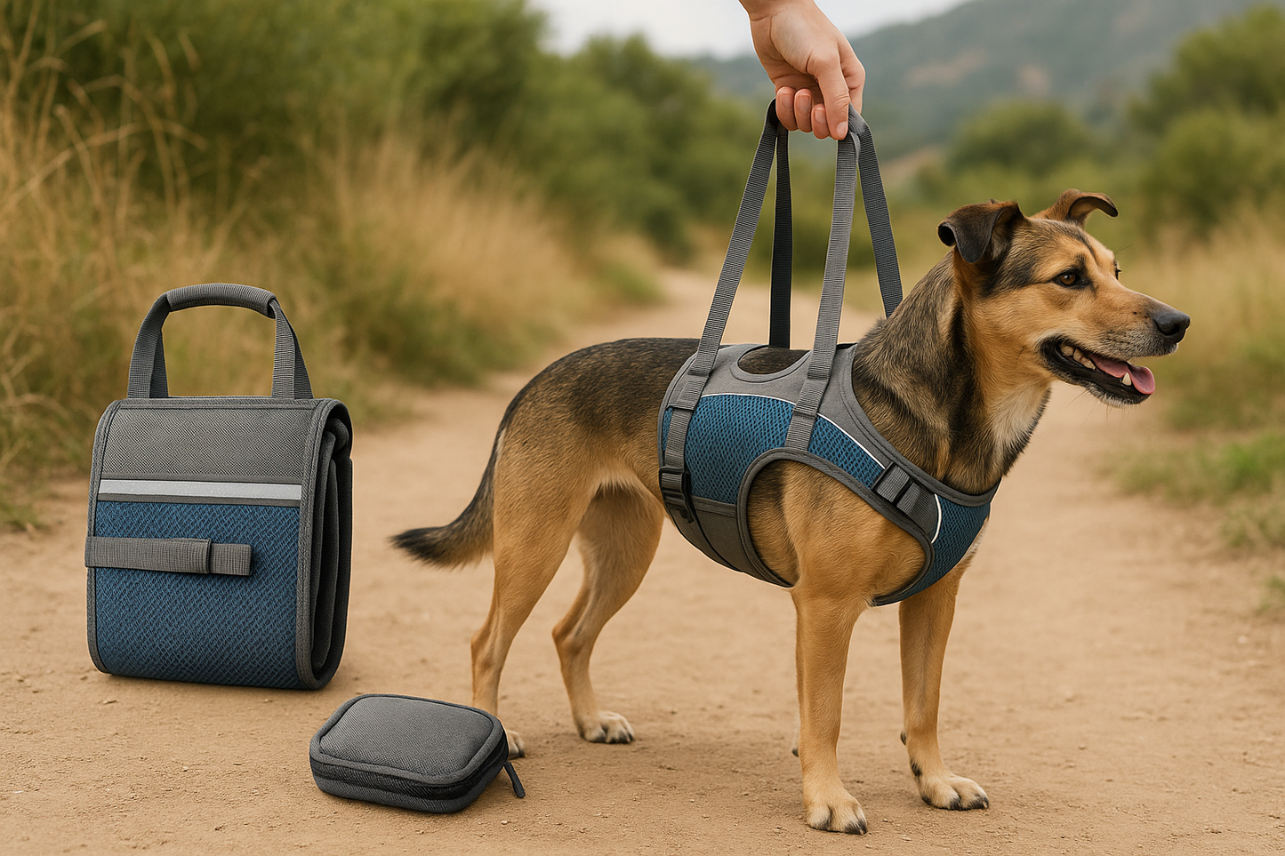 Portable and foldable lift harness for dogs with mobility issues. Lightweight and easy to carry, ideal for travel or outdoor walks.