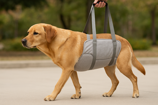 A soft, padded sling designed for dogs recovering from surgeries or leg injuries. Provides gentle support while walking indoors or outdoors.