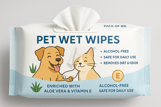 Convenient pet wet wipes enriched with aloe vera and vitamin E to clean paws, coat, and sensitive areas. Gentle and safe for everyday use.

Pack of 80 wipes
Infused with aloe vera &amp; vitamin E
Removes dirt &amp; odor
Alcohol-free &amp; safe
