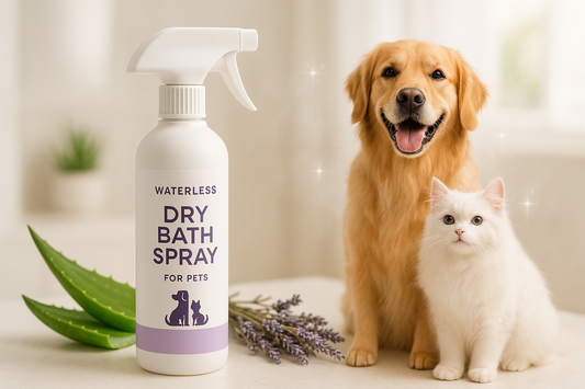 Quick and easy cleaning for pets without water. This waterless dry bath spray is infused with aloe vera and lavender extracts for freshness and coat shine. Ideal for use between grooming sessions.

Quick cleaning without water
Infused with aloe vera &amp; lavender
Removes odor and dirt instantly
Safe for dogs &amp; cats