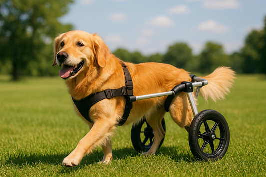 The Rear Support Dog Wheelchair is specially designed for dogs with hind leg weakness, paralysis, or post-surgery recovery.

Features:
golden retriever using it
Rear support for hind leg mobility issues
Lightweight aluminum frame
Adjustable height, length, and width
Soft padded harness for comfort
Easy to assemble and fold
Suitable for small, medium &amp; large breeds